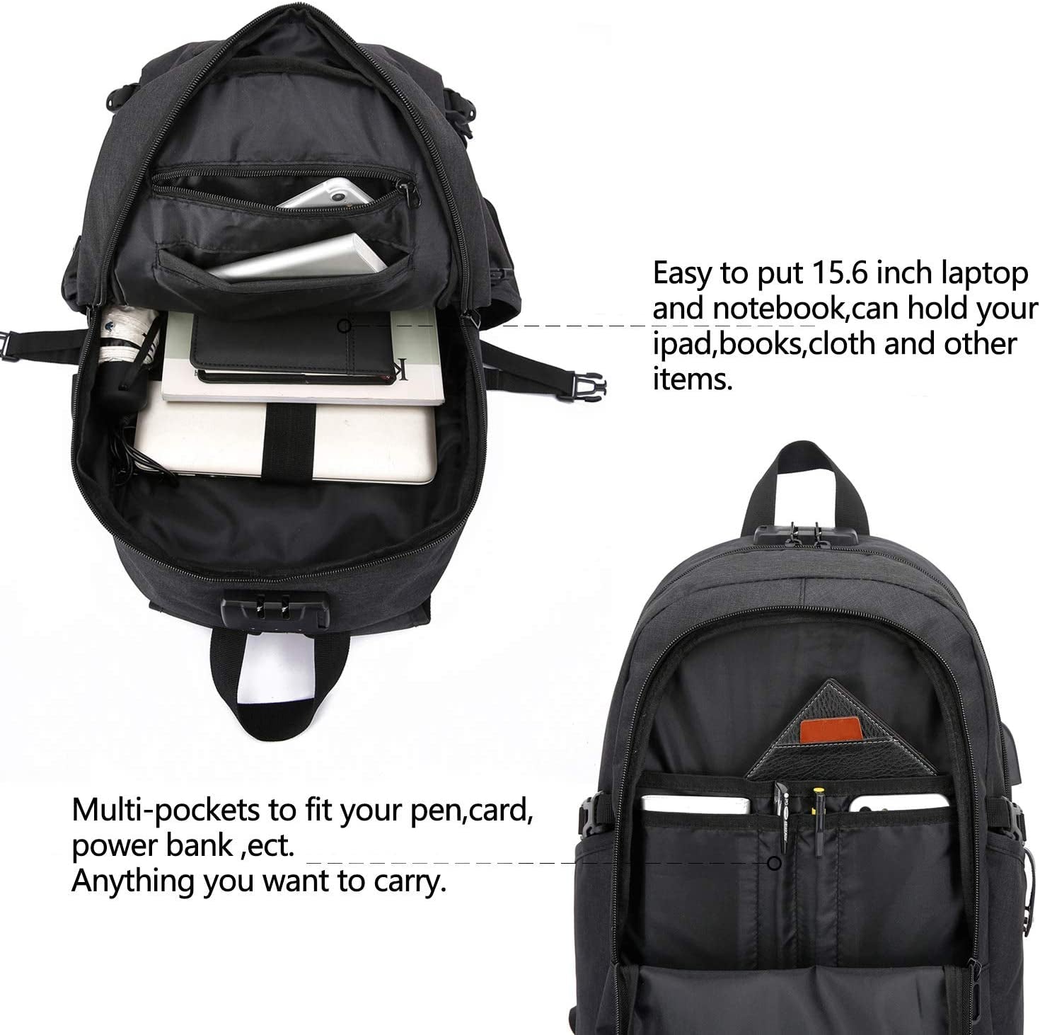 Antivol Sac À Dos Ordinateur Portable 15.6 Pouces Homme Imperméable Avec USB Charging Port, Fonctionnel, Pour Loisirs/Affaire/Scolaire Noir