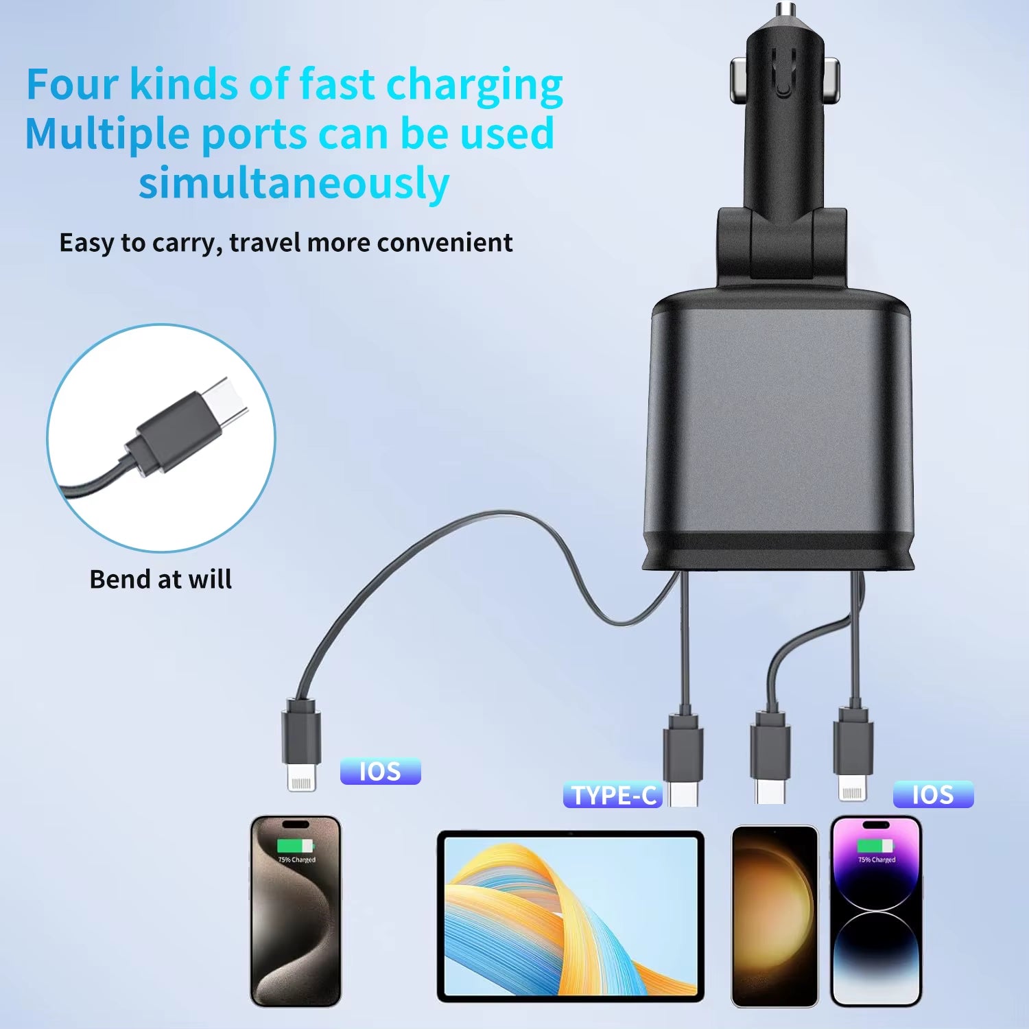 Chargeur De Voiture Rétractable 4 En 1, Adaptateur Starlight, Charge Rapide, Pour Iphone Huawei Samsung