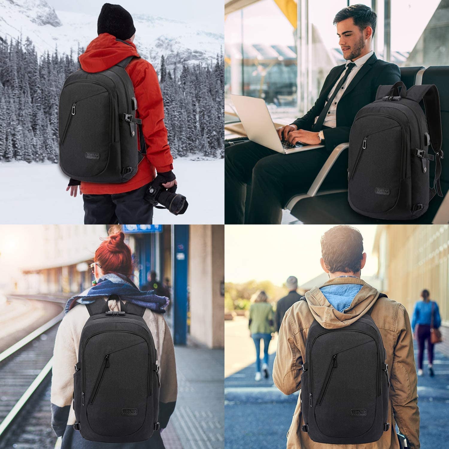 Antivol Sac À Dos Ordinateur Portable 15.6 Pouces Homme Imperméable Avec USB Charging Port, Fonctionnel, Pour Loisirs/Affaire/Scolaire Noir