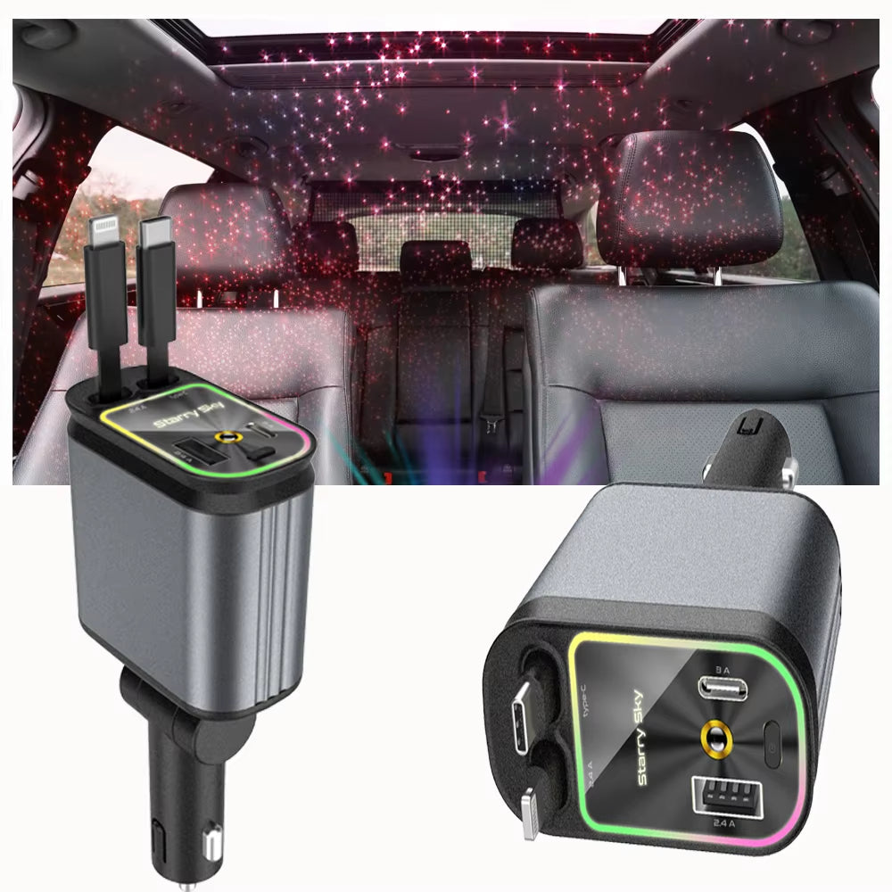 Chargeur De Voiture Rétractable 4 En 1, Adaptateur Starlight, Charge Rapide, Pour Iphone Huawei Samsung