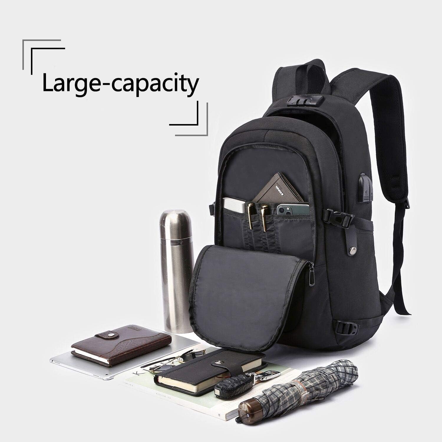 Antivol Sac À Dos Ordinateur Portable 15.6 Pouces Homme Imperméable Avec USB Charging Port, Fonctionnel, Pour Loisirs/Affaire/Scolaire Noir