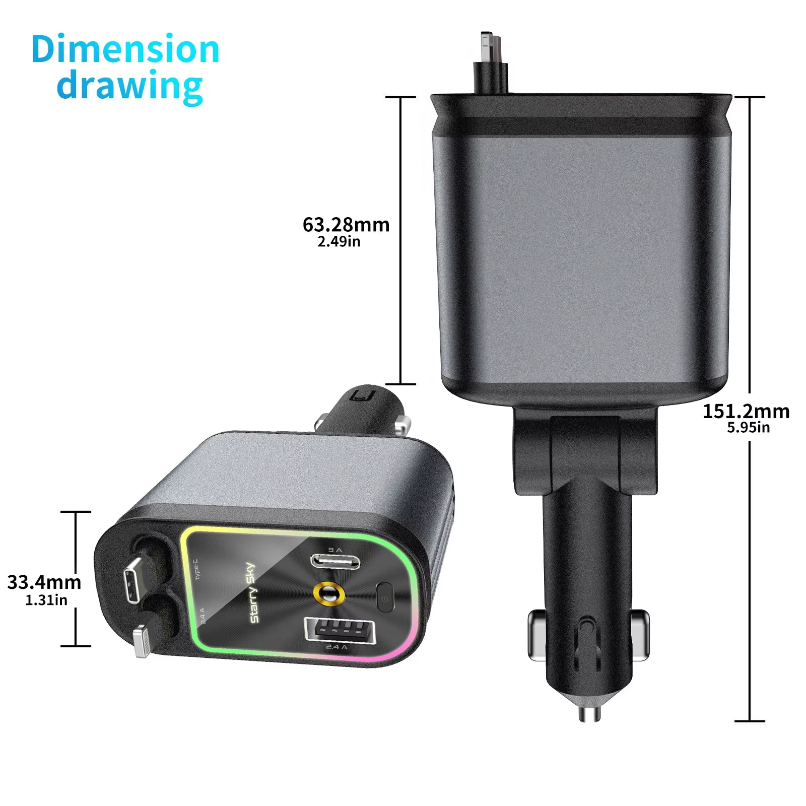 Chargeur De Voiture Rétractable 4 En 1, Adaptateur Starlight, Charge Rapide, Pour Iphone Huawei Samsung