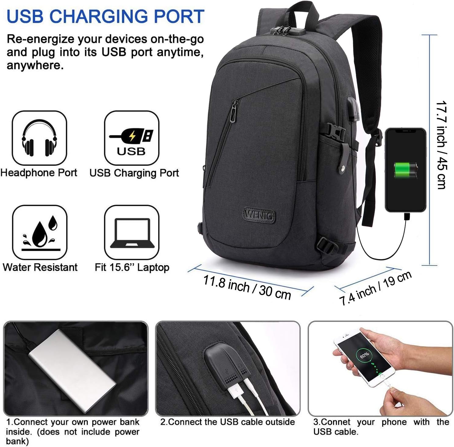 Antivol Sac À Dos Ordinateur Portable 15.6 Pouces Homme Imperméable Avec USB Charging Port, Fonctionnel, Pour Loisirs/Affaire/Scolaire Noir